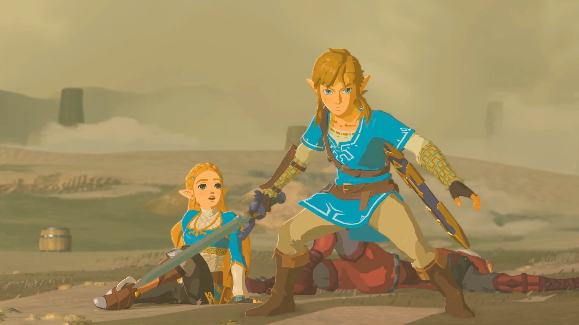 Link shielding Zelda from attack, Breath of the Wild artwork