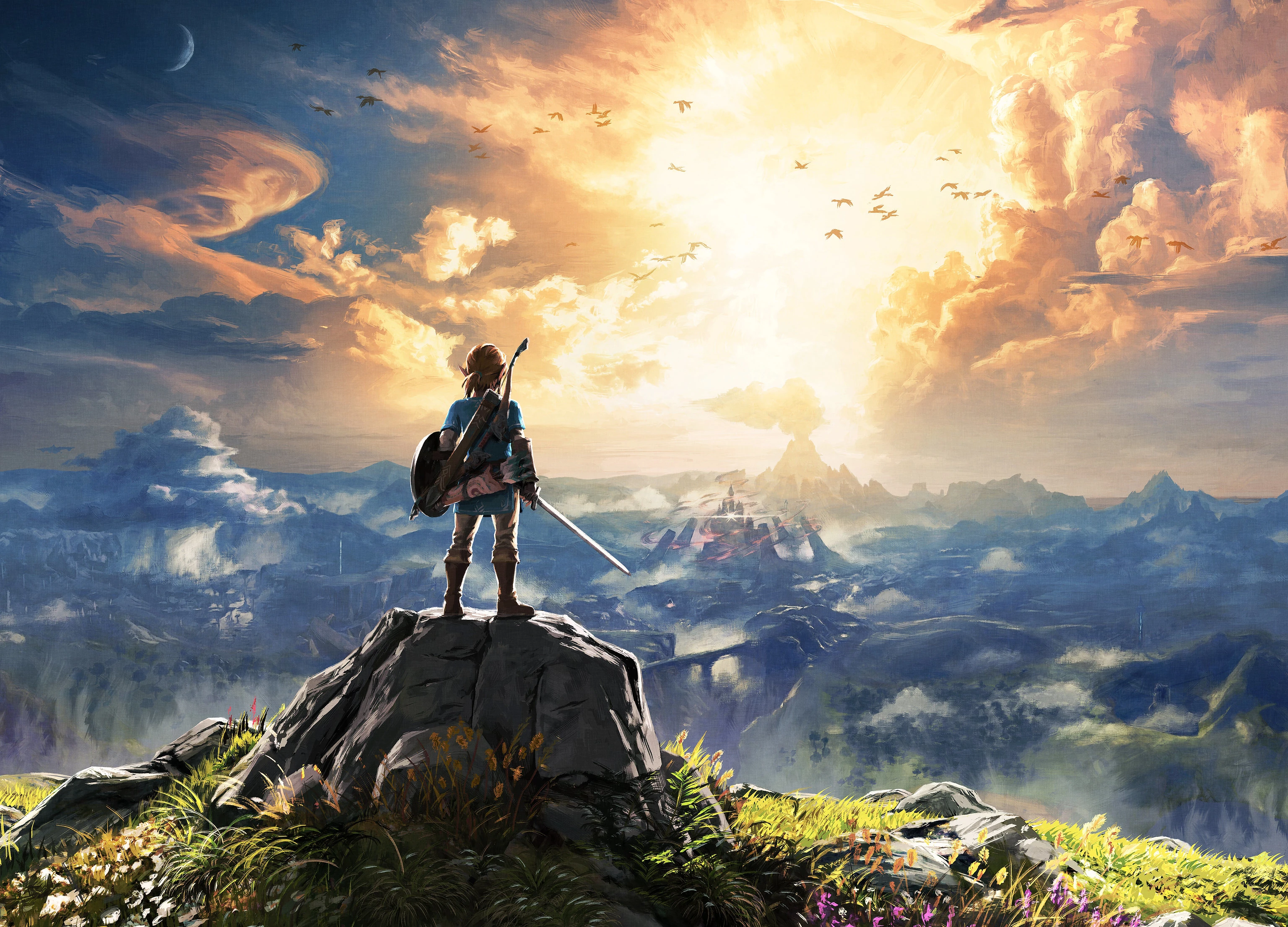 Link gazing over Hyrule, Breath of the Wild promotional artwork
