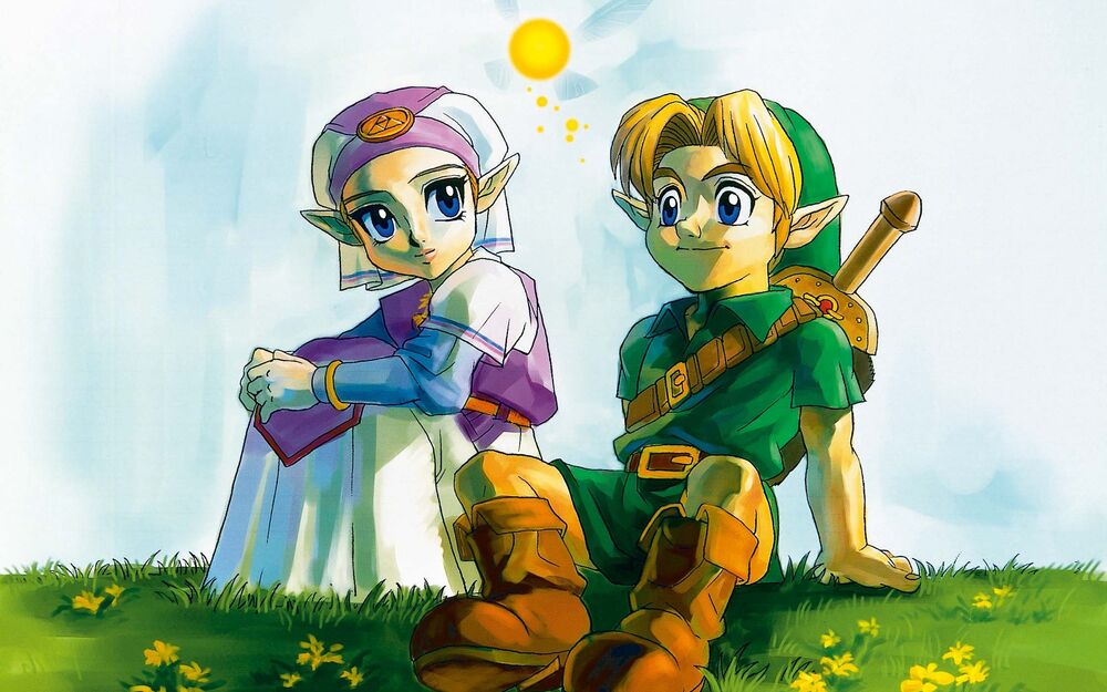 Young Zelda and Link in a meadow, Ocarina of Time promotional artwork